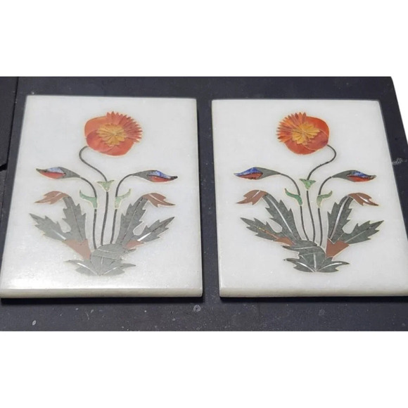 Stone Floral Inlay Coasters Tiles Set of 2 - Picture 1 of 5
